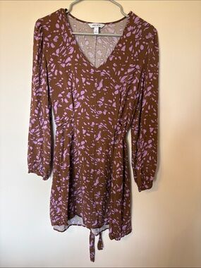 Nine West Brown Dress with Lavender Print V-Neck Long Sleeve